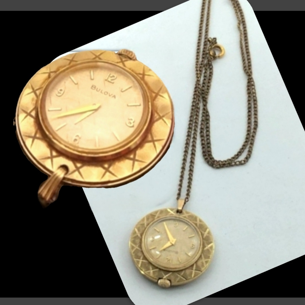 Vtg 60s gold Bulova brocade design watch pendant 12k gold filled watch necklace